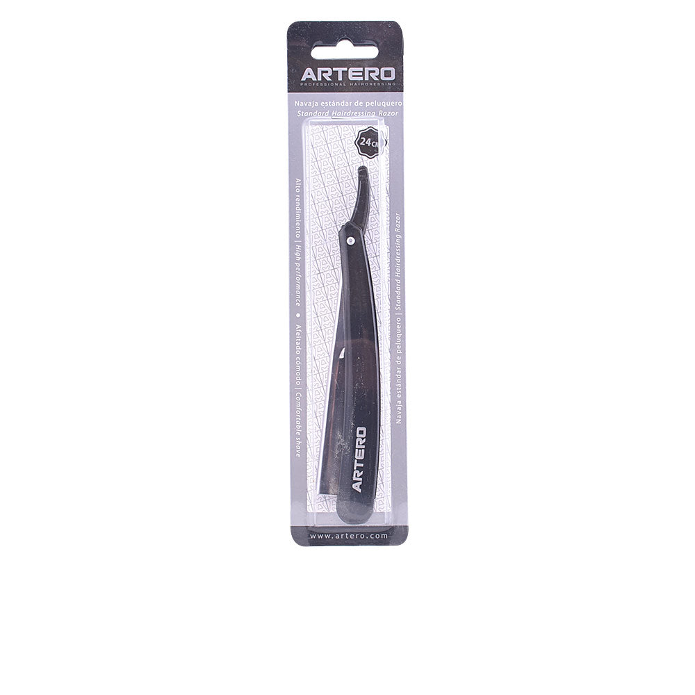 Stainless steel hairdressing razor with single‑use blade system, ergonomic handle