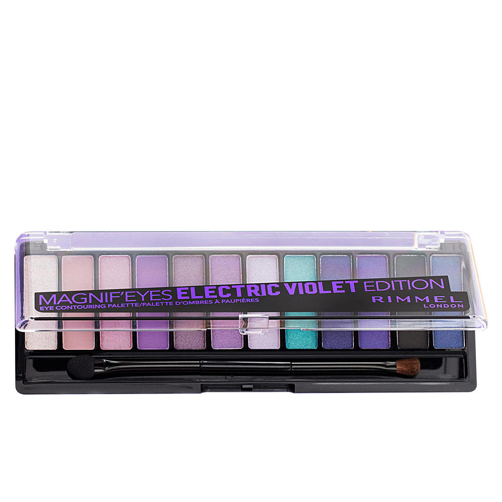 Compact 12-shade eye palette with mattes and shimmers, includes dual applicator, electric violet shade