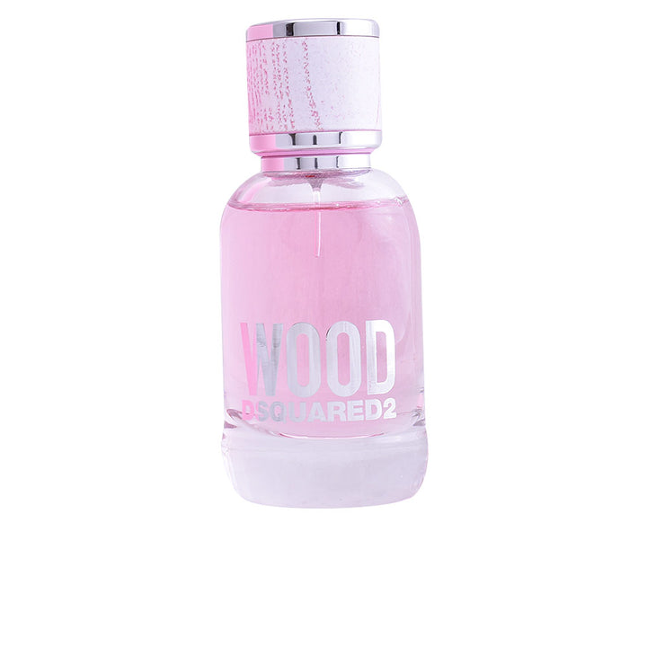 Glass perfume bottle with clear liquid and wooden-effect cap, 50 ml