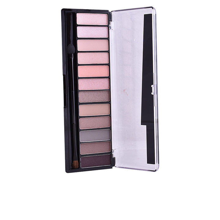 Compact 12‑shade eyeshadow palette in blush tones with dual applicator, 14 g