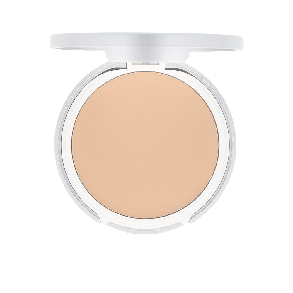 Pressed matte compact powder in warm sand shade, SPF 50+ compact with sponge