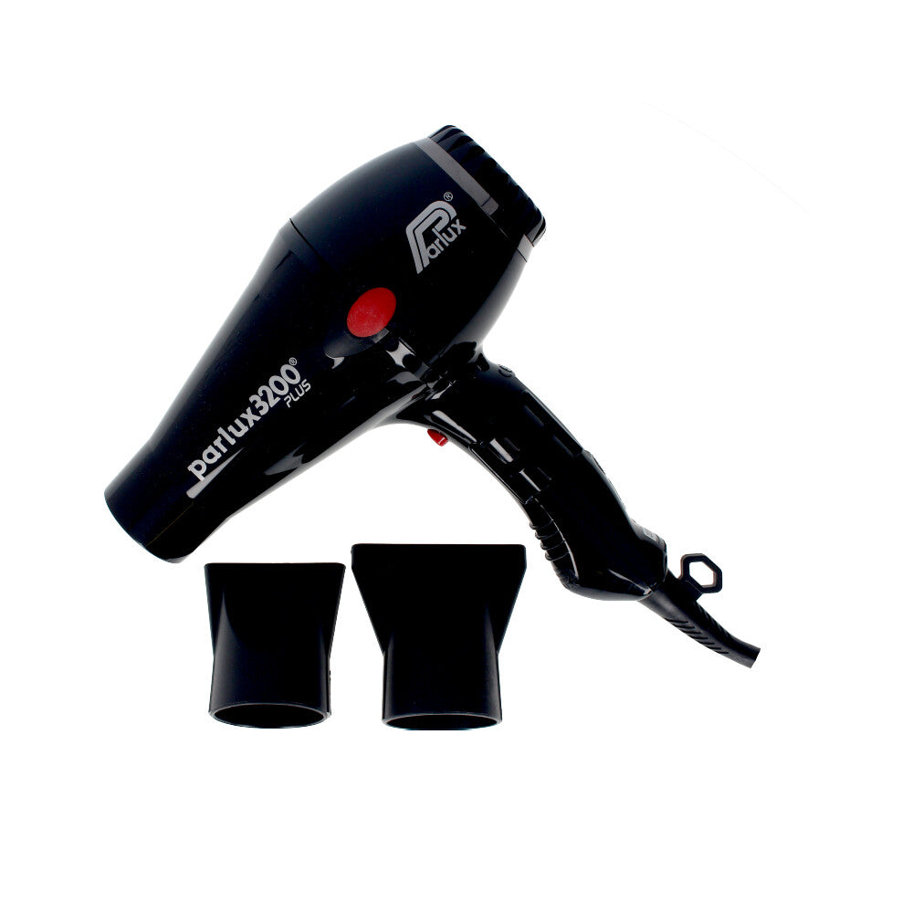 Black ultra-light professional hair dryer with two flat nozzles, ergonomic handle, 3 m cable