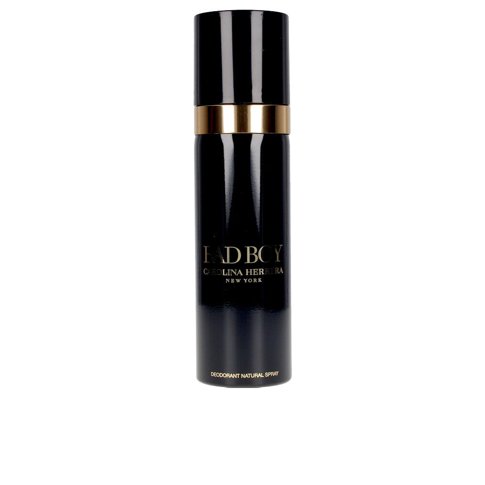 Carolina Herrera Spray deodorant can with dark matte finish, bold ‘Bad Boy’ label, sleek cylindrical silhouette