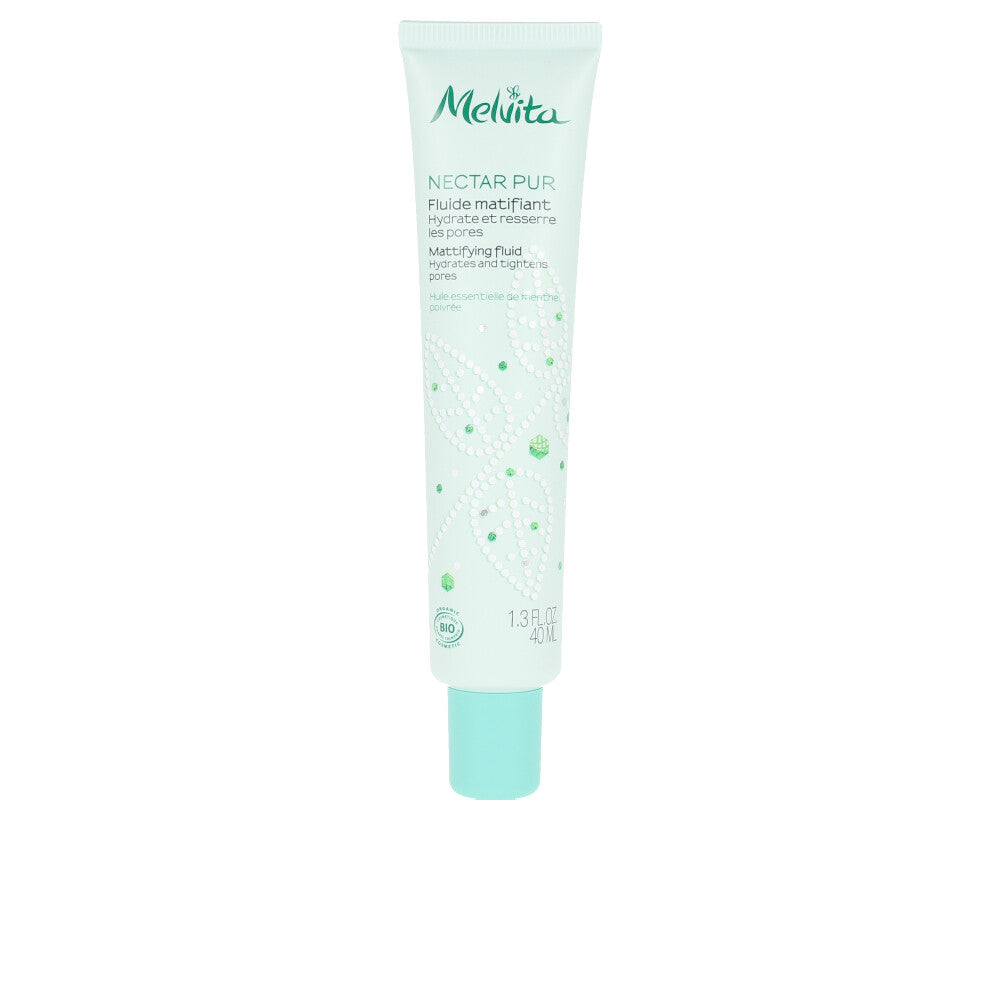 40 ml mattifying fluid in a slim pump bottle; lightweight mint formula for oily skin