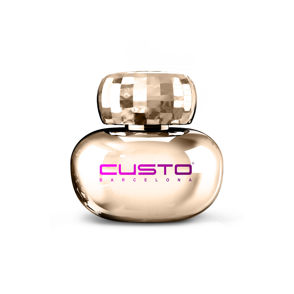 Rounded rose‑gold glass perfume bottle with faceted cap, 100 ml floral‑woody scent