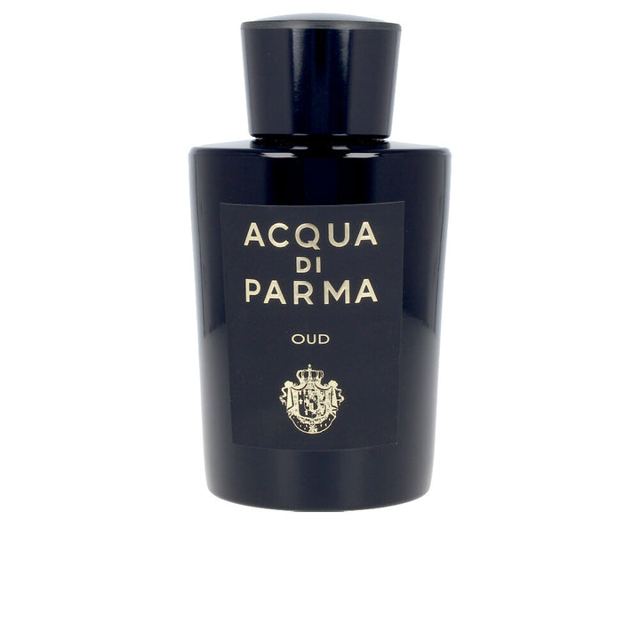 Tall glass perfume bottle with dark liquid, labelled Oud Intenso, 180 ml, Unisex