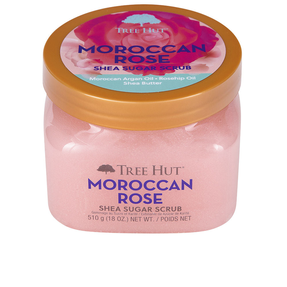 Jar of Moroccan rose shea sugar scrub with creamy pink texture, 510 g