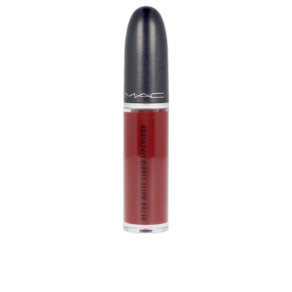 Liquid matte lipstick in deep red shade with tapered applicator, 5 ml tube