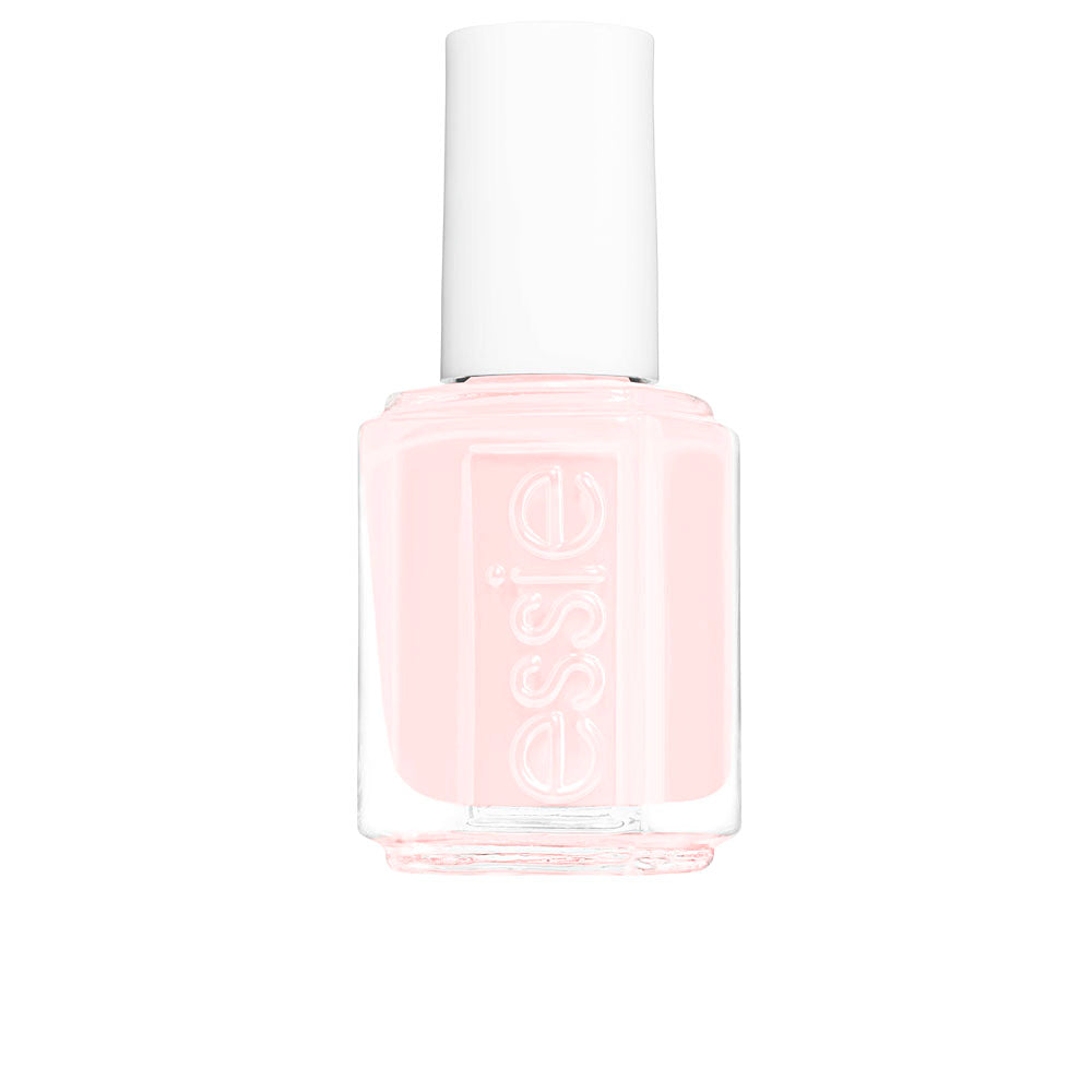 Small 13.5 ml bottle of sheer pink cream nail polish with flat brush