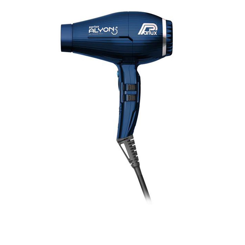 Matte midnight blue professional hair dryer with two concentrator nozzles, ergonomic handle