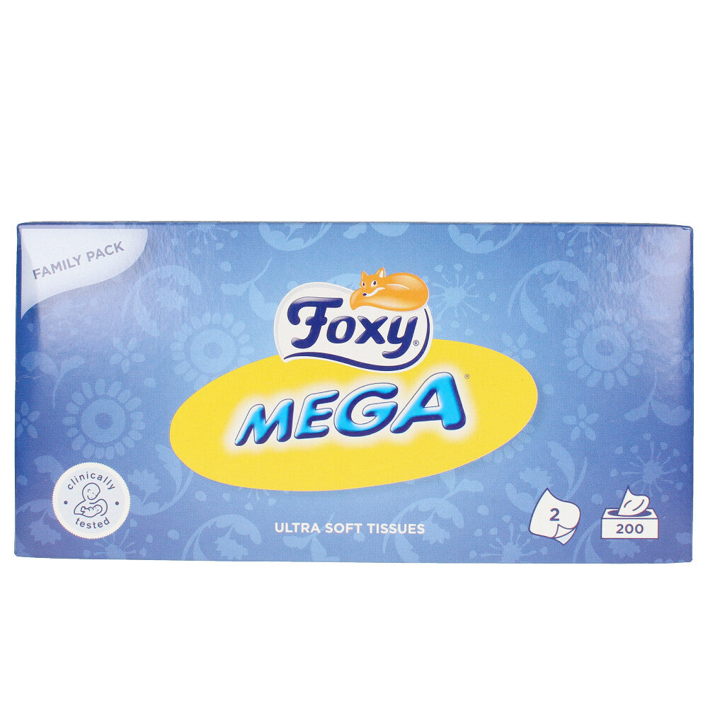Foxy Pack of blue and yellow 2-ply facial tissues, ultra-soft, family pack of 200 sheets