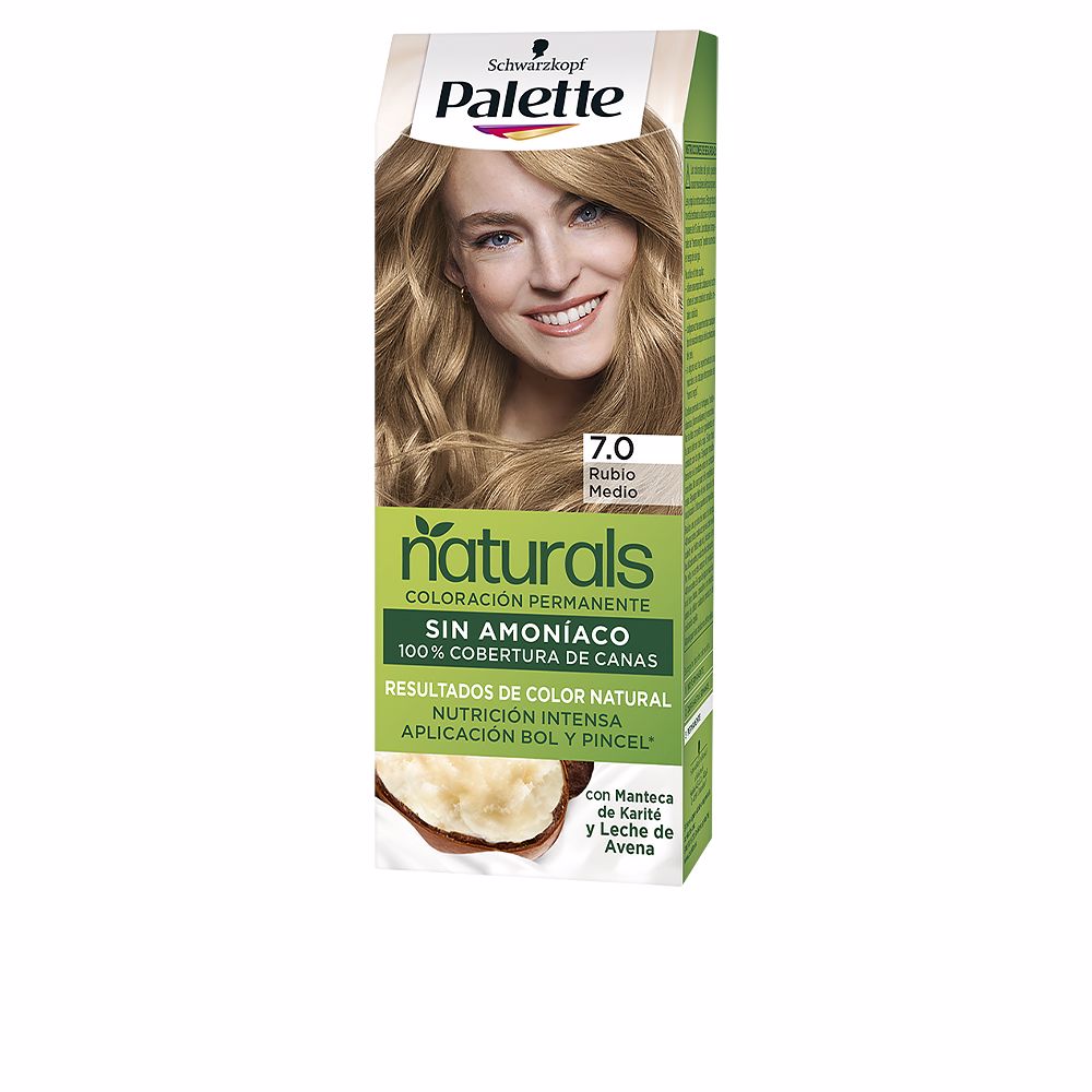 Tube of 7.0 medium blonde cream colourant with mixing bowl and brush