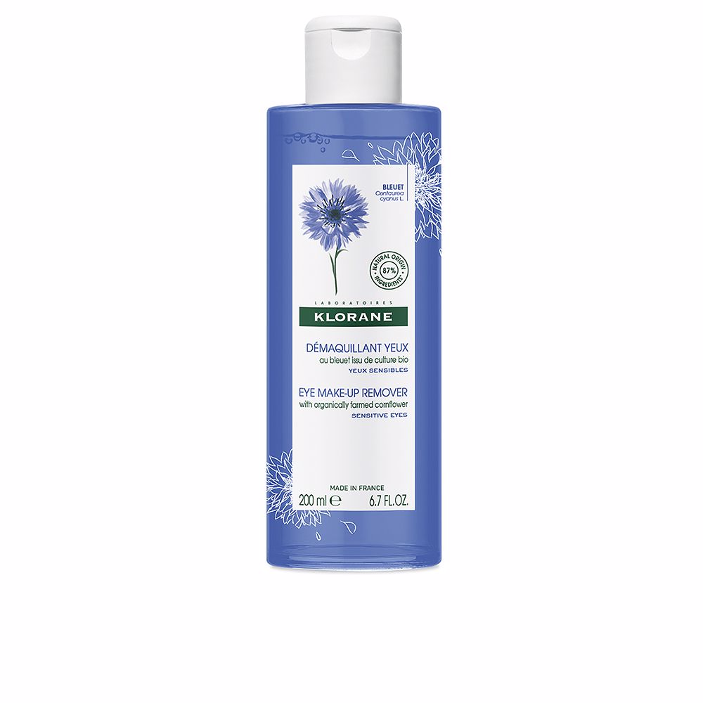 200 ml bottle of cornflower eye make‑up remover, clear liquid, for sensitive Unisex use