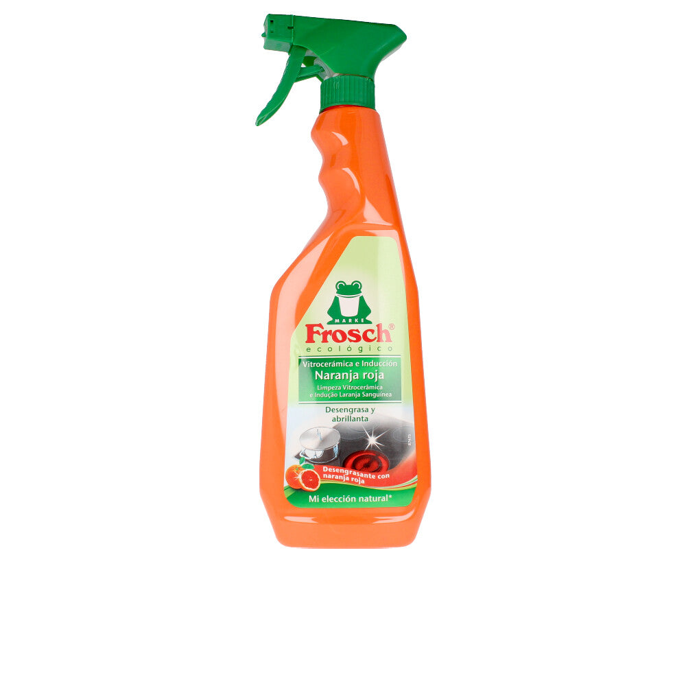 Bottle of Frosch ceramic and induction cleaner with orange accents on a clean stovetop