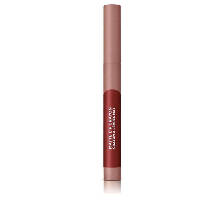 Slim matte lip crayon in warm spice shade, bevelled tip visible, 2.5 g
