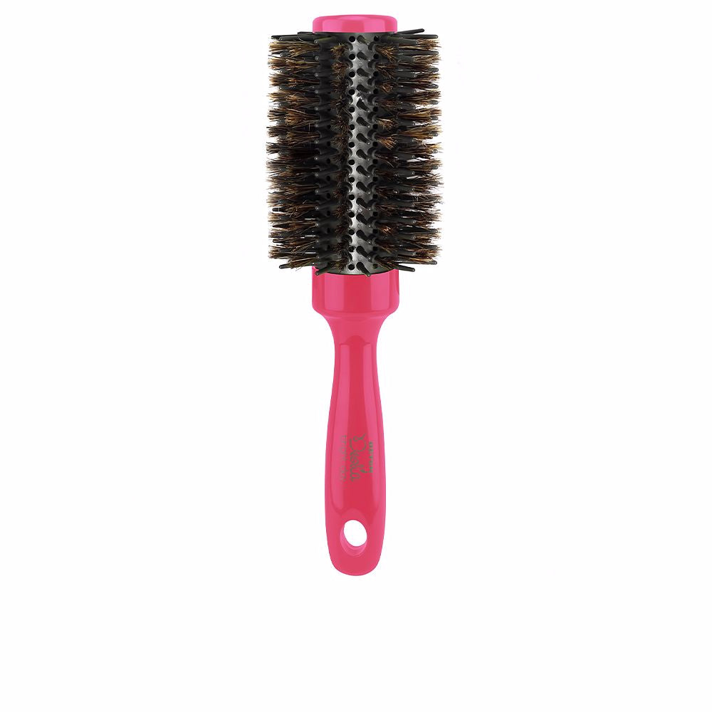 Round 33 cm pink hair brush with boar and nylon bristles, ventilated cushion pad
