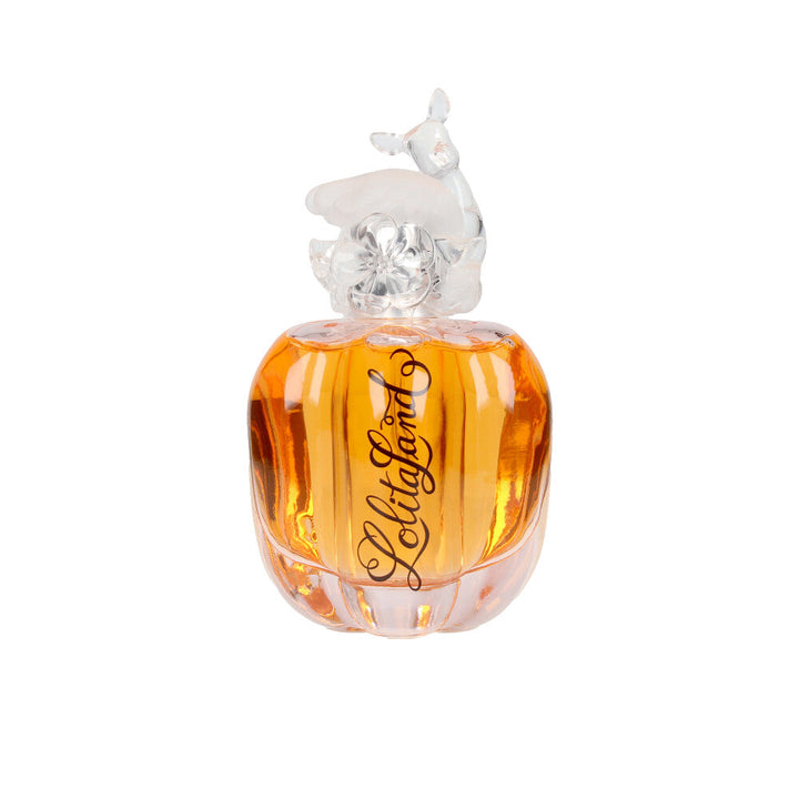 Transparent sculpted glass perfume bottle with rose‑tinted liquid, 40 ml