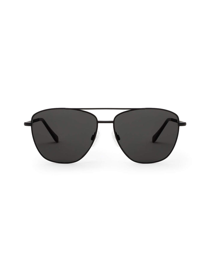 Hawkers Black metal aviator sunglasses with double bridge, dark tinted lenses, adjustable nose pads, slim temples