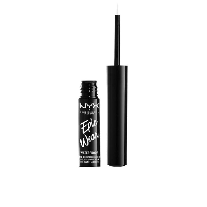 Slim black liquid eyeliner bottle with fine brush tip, waterproof unisex formula