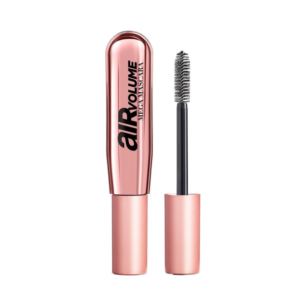 Black mascara tube and curved brush showing dense bristles, 1 unit