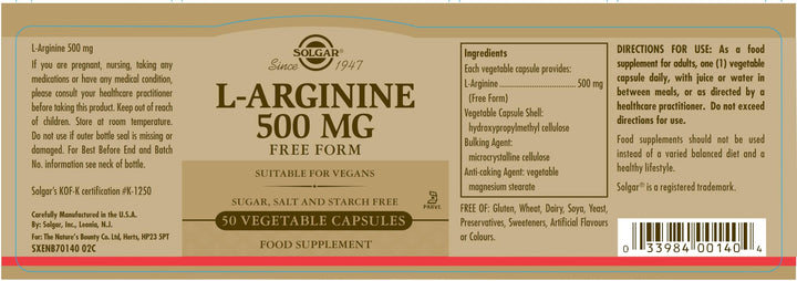Bottle of 50 vegetable capsules L‑Arginine 500 mg, Unisex supplement