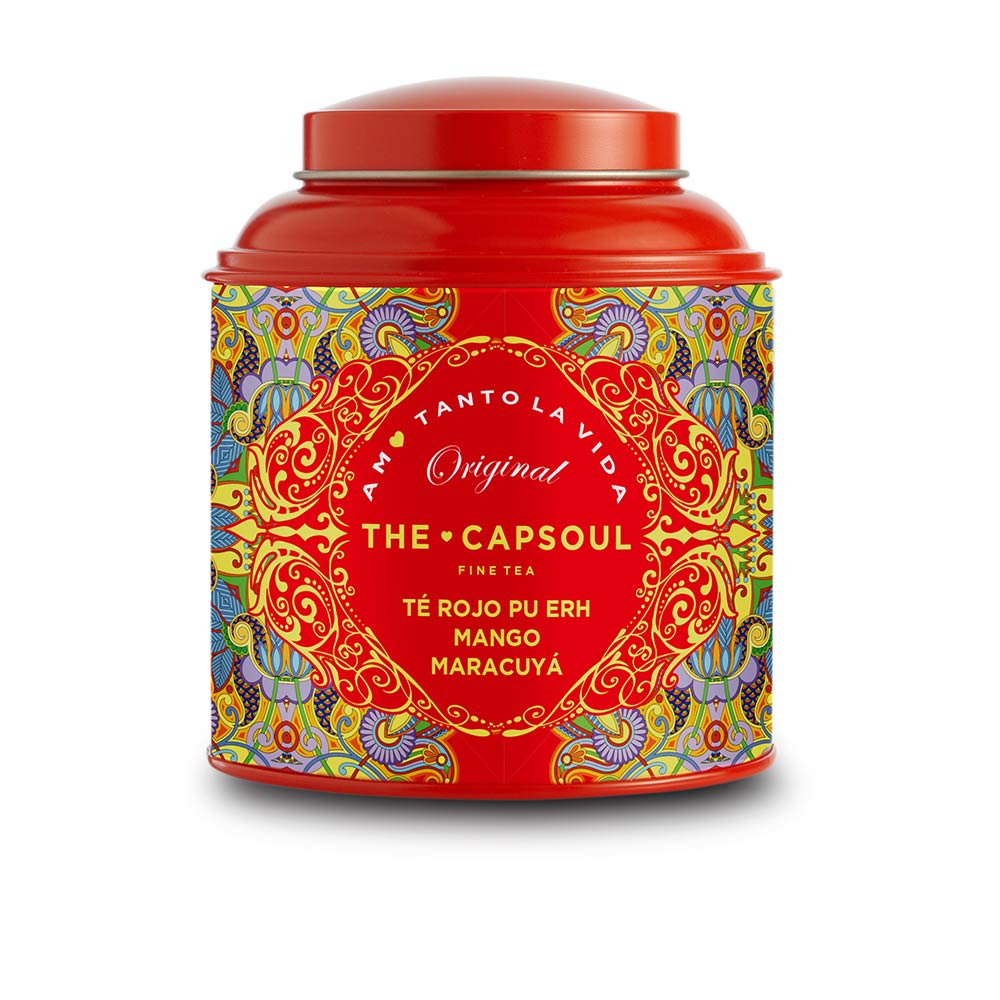 Pouch of loose-leaf pu-erh tea with mango and passionfruit pieces, 100 g