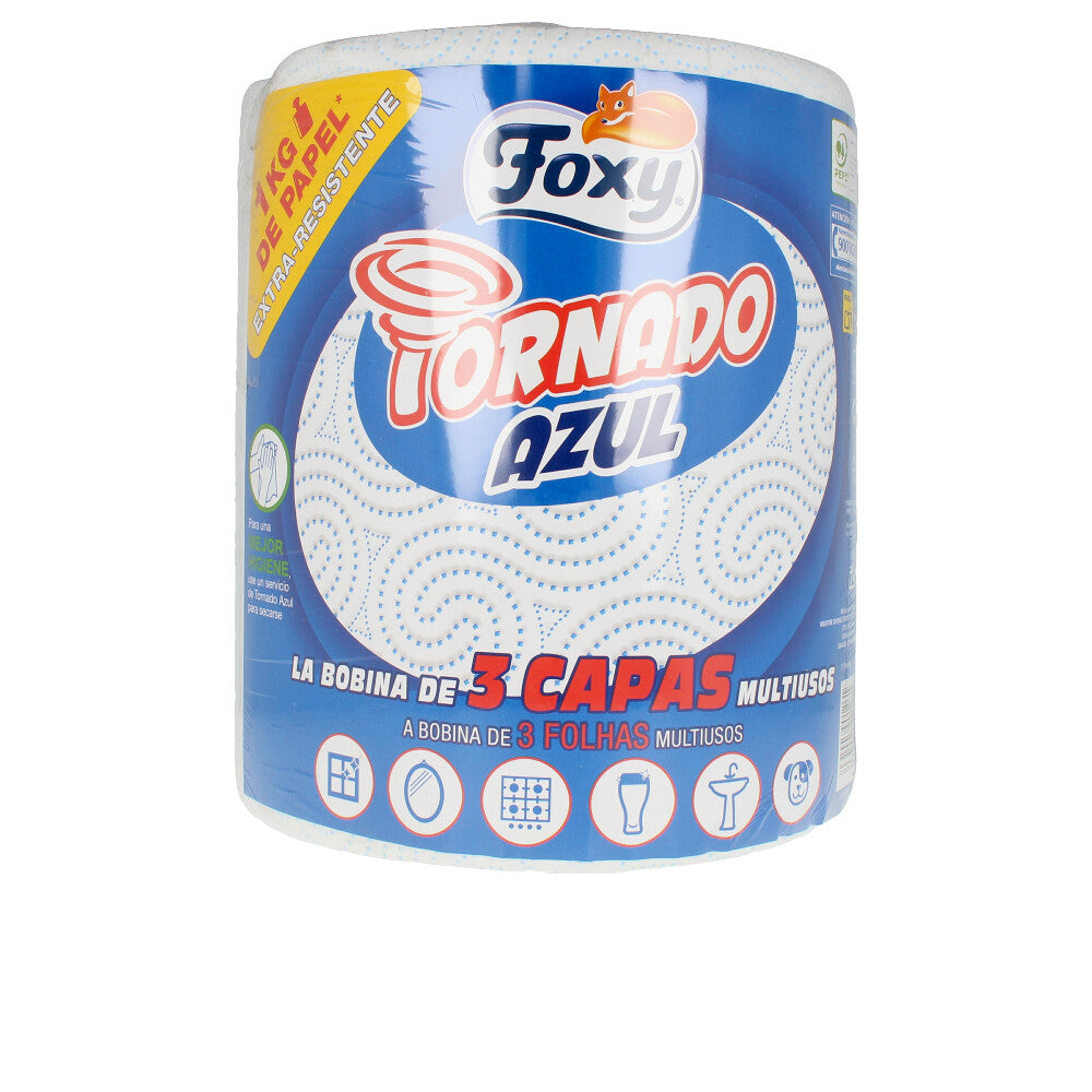 Foxy Blue, white, red, and yellow patterned paper roll with bold text and cartoon fox logo, three-layer texture