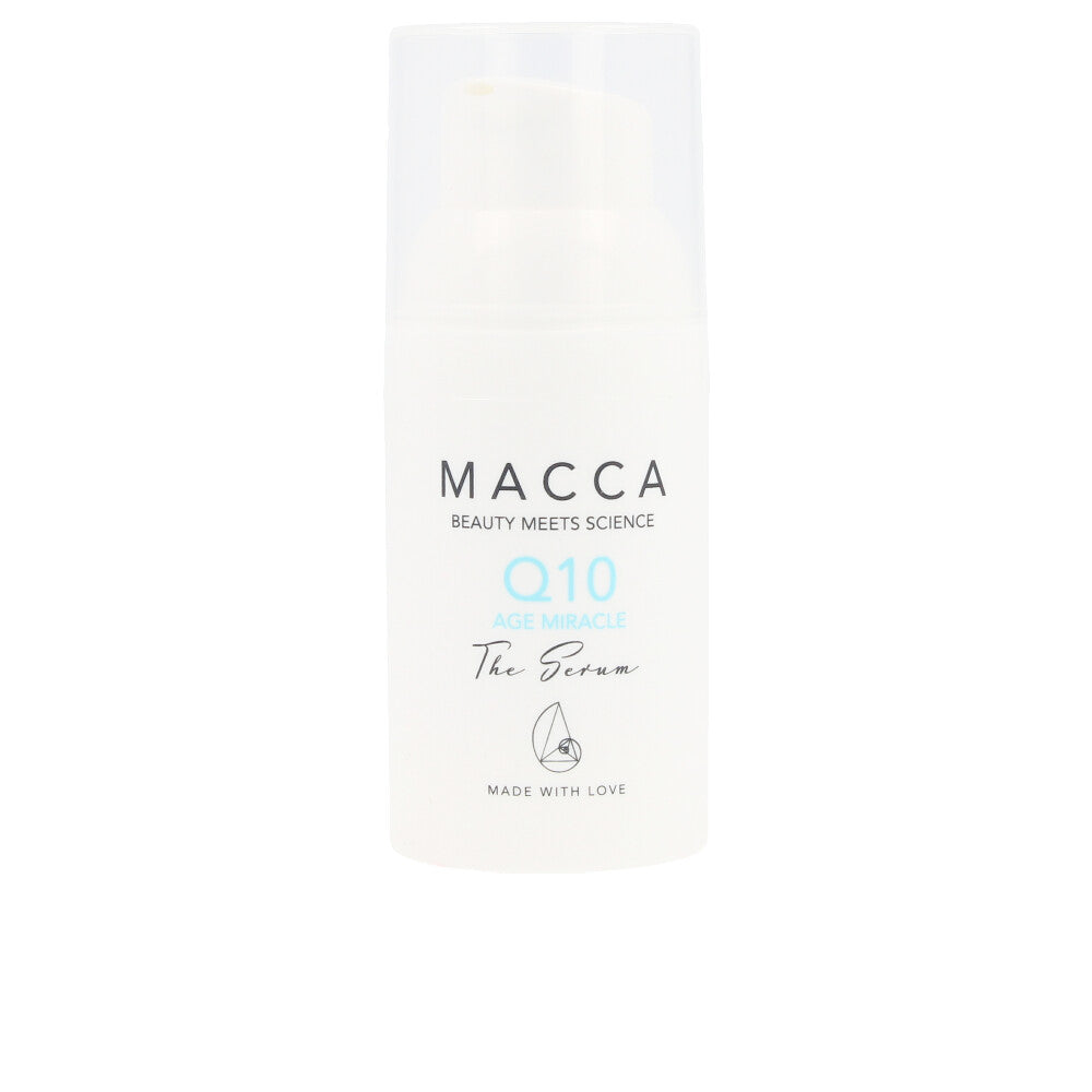 30 ml clear serum bottle with pale amber liquid, Q10 and soy extract key ingredients