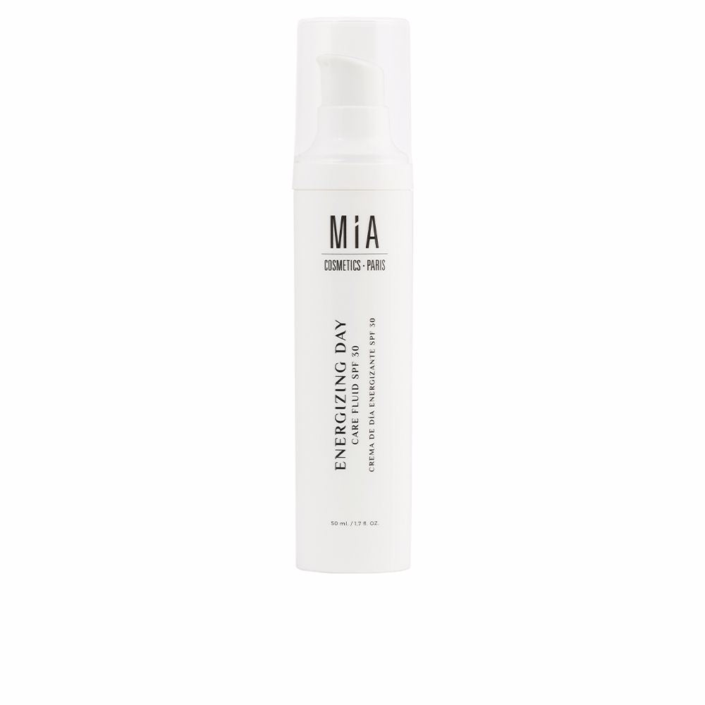 Mia Cosmetics White plastic cylindrical face cream with pump dispenser, transparent cap, black text print