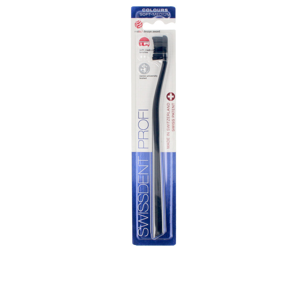 Black and red compact toothbrush with spoon‑cut dense nylon bristles, ergonomic handle