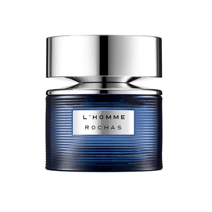 Textured blue glass fragrance bottle with metal plaque, 40 ml, fougère-oriental