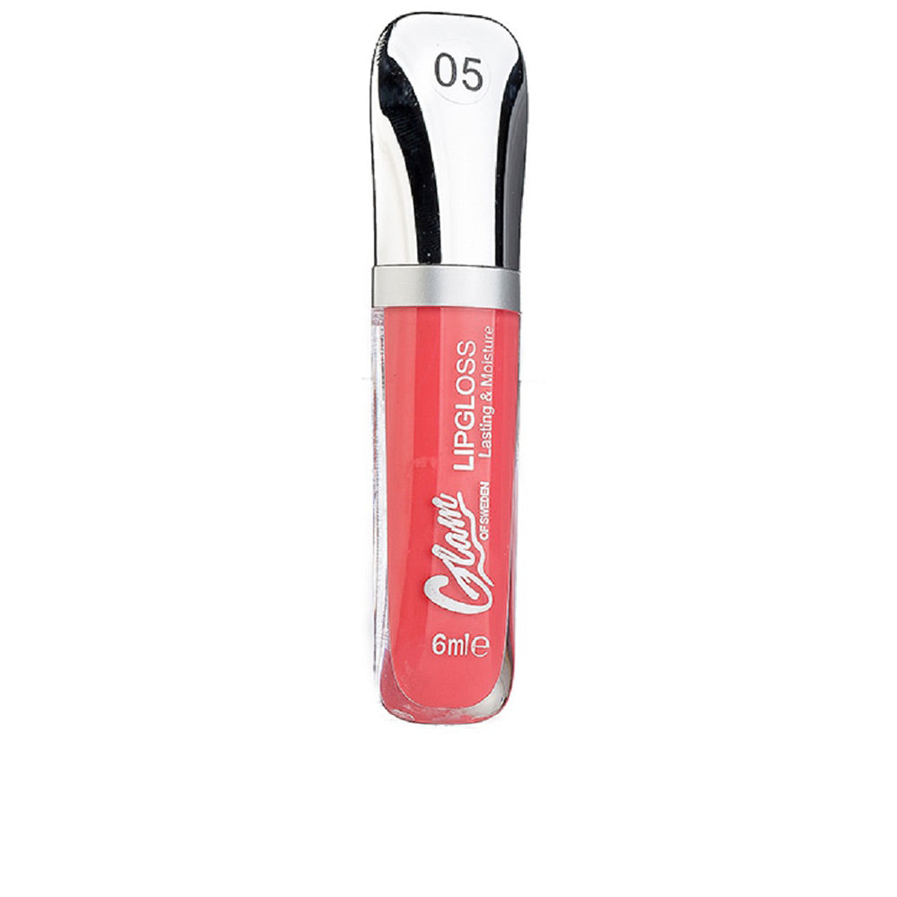 Tube of coral high-shine lip gloss, 6 ml, creamy applicator
