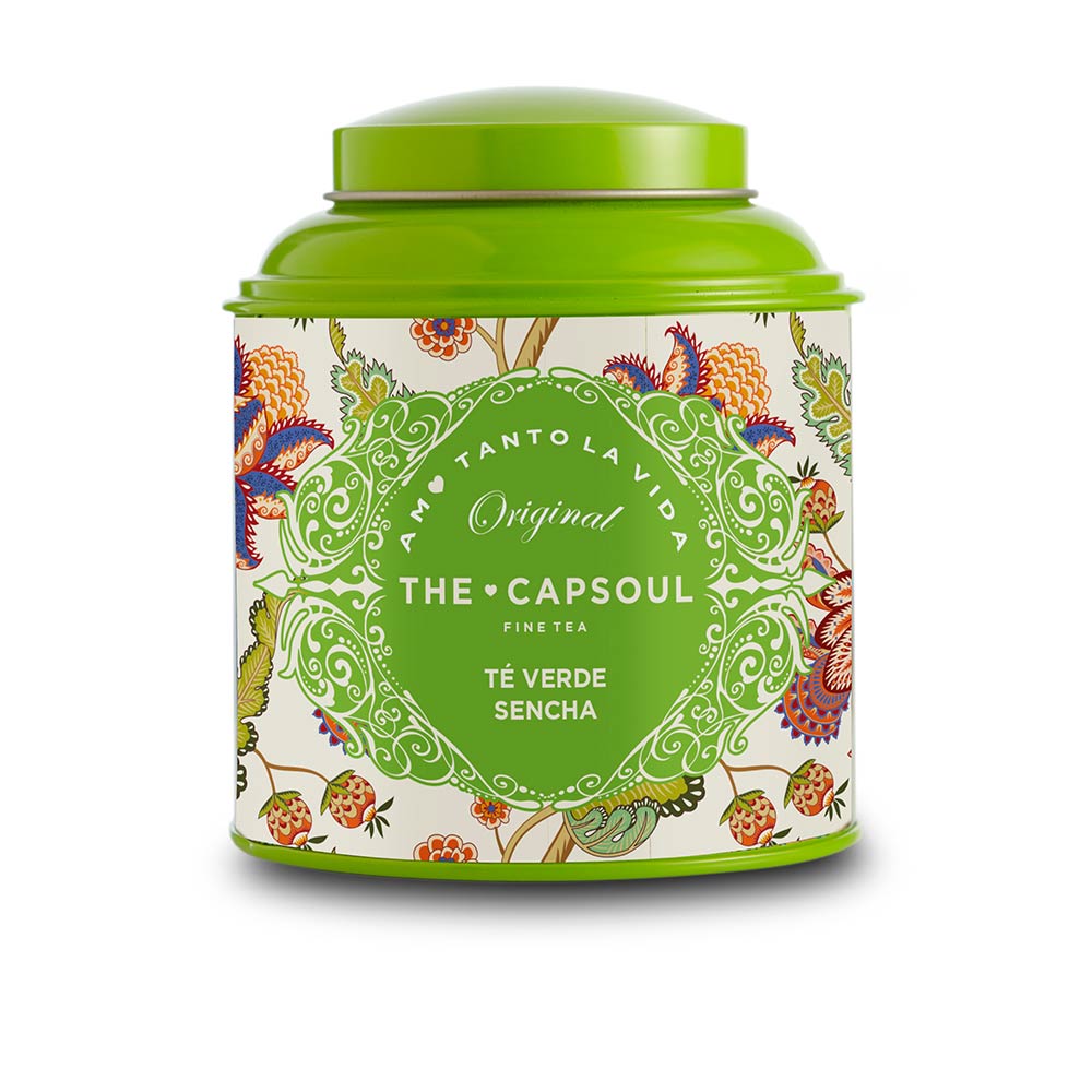 Loose-leaf sencha green tea in a 100 g pack, vibrant green leaves