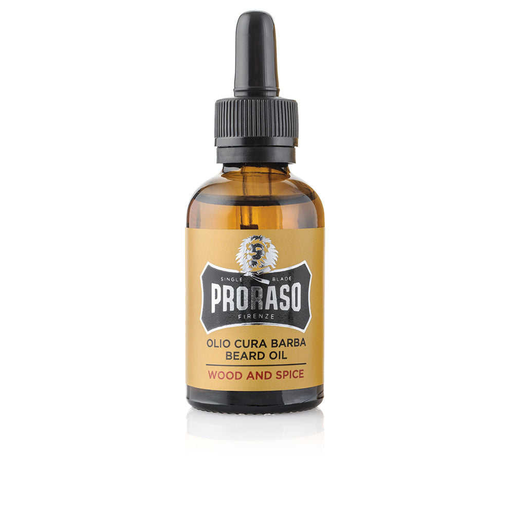 30 ml amber bottle of Wood & Spice beard oil with warm woody fragrance, for Man