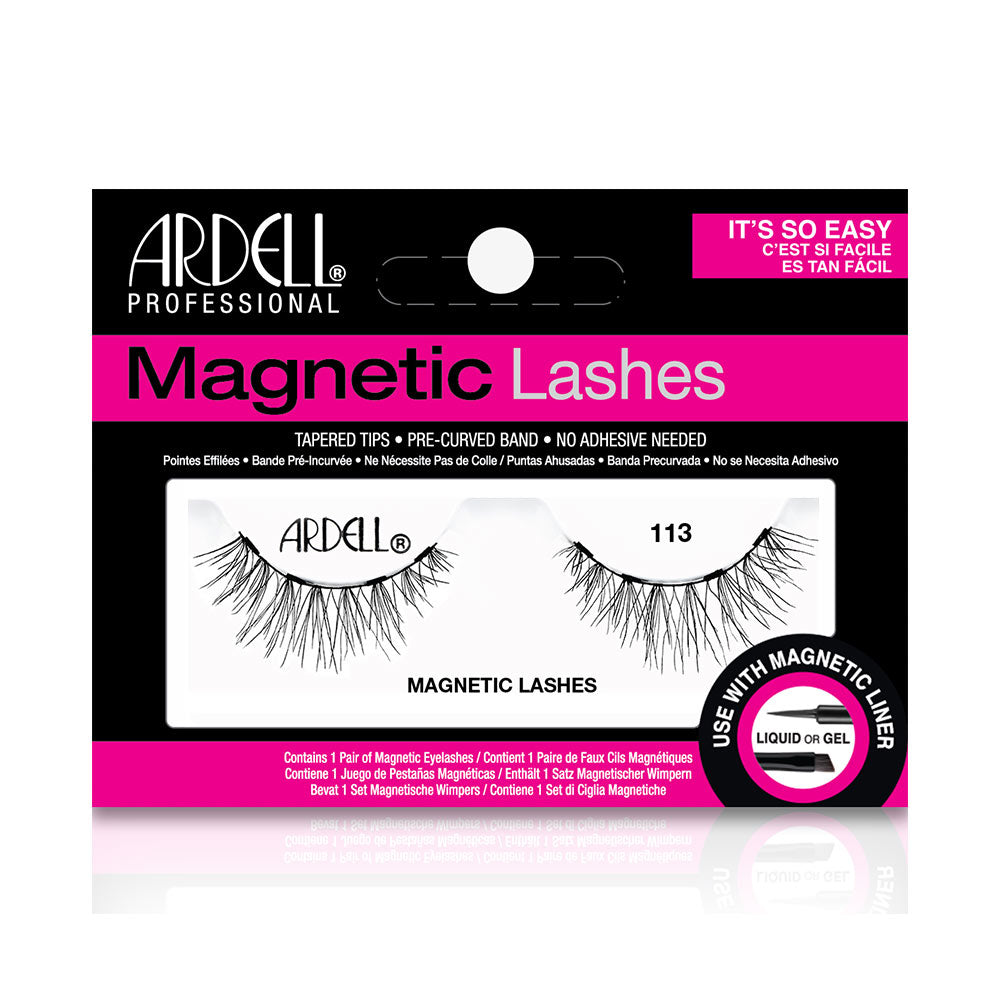 Pair of long interlaced magnetic false lashes with tapered outer corners, two-piece kit