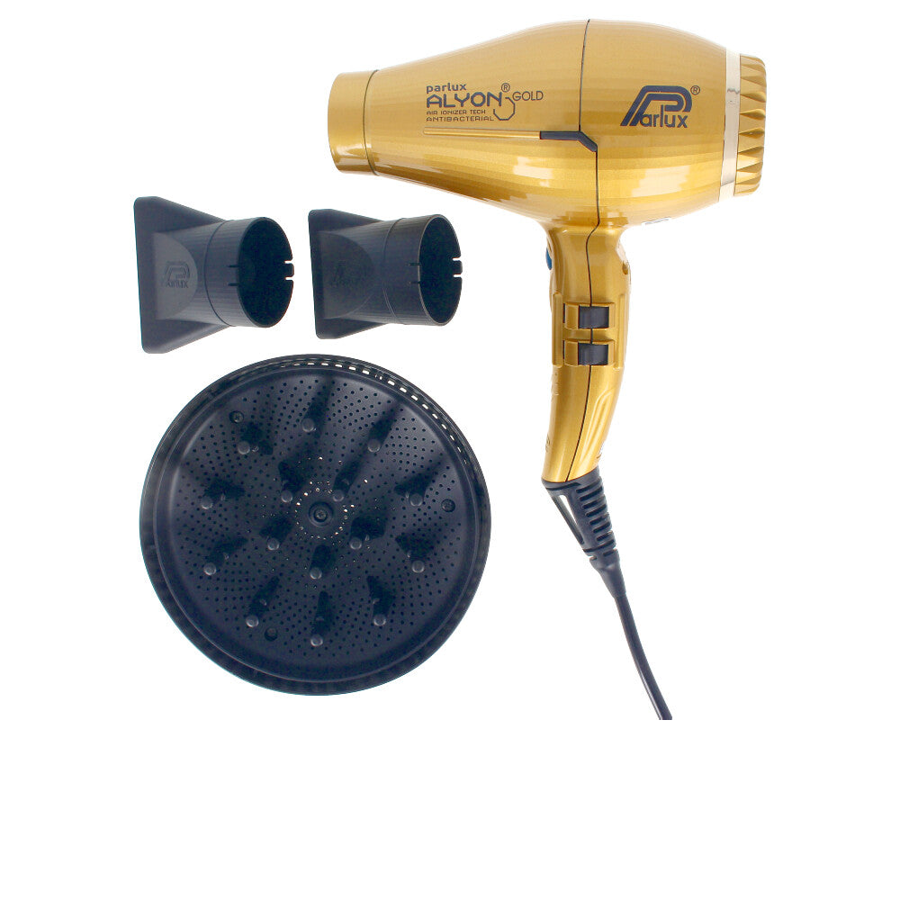 Night‑blue compact professional hair dryer with nozzle, soft buttons and hanging loop