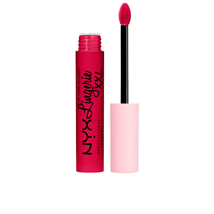 Tube of long-wear matte liquid lipstick in warm red shade with doe-foot applicator