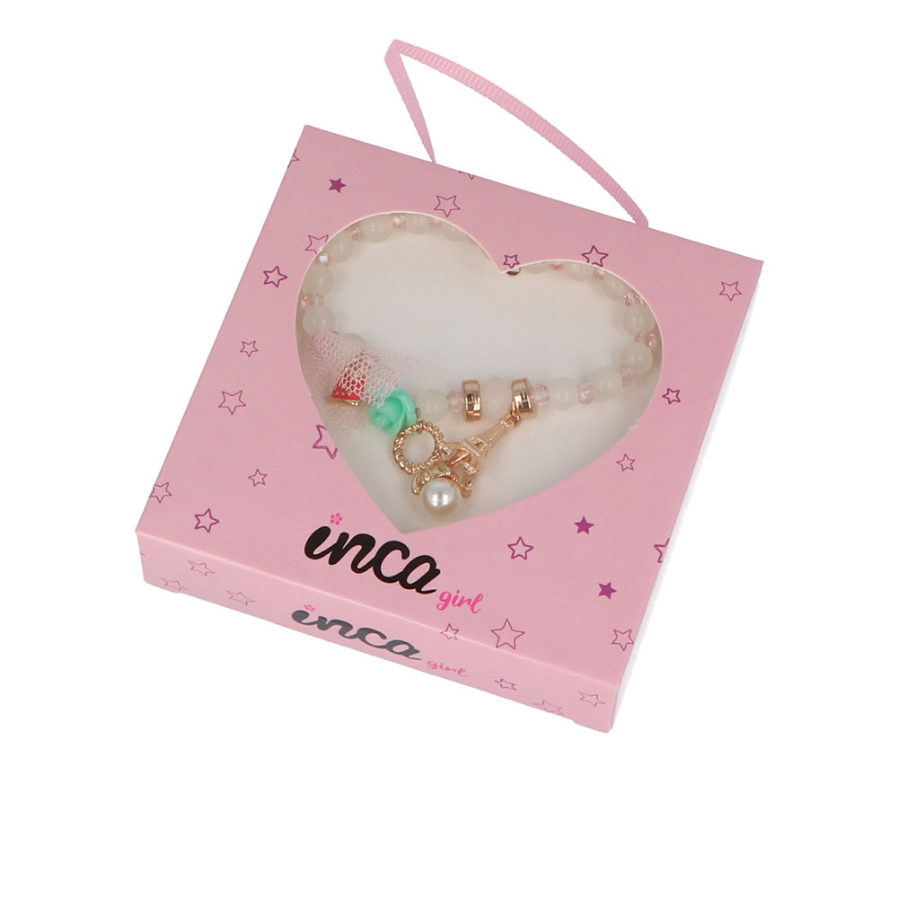 Delicate pearl-bead bracelet with Eiffel charm and colourful enamel pendants in pink heart box