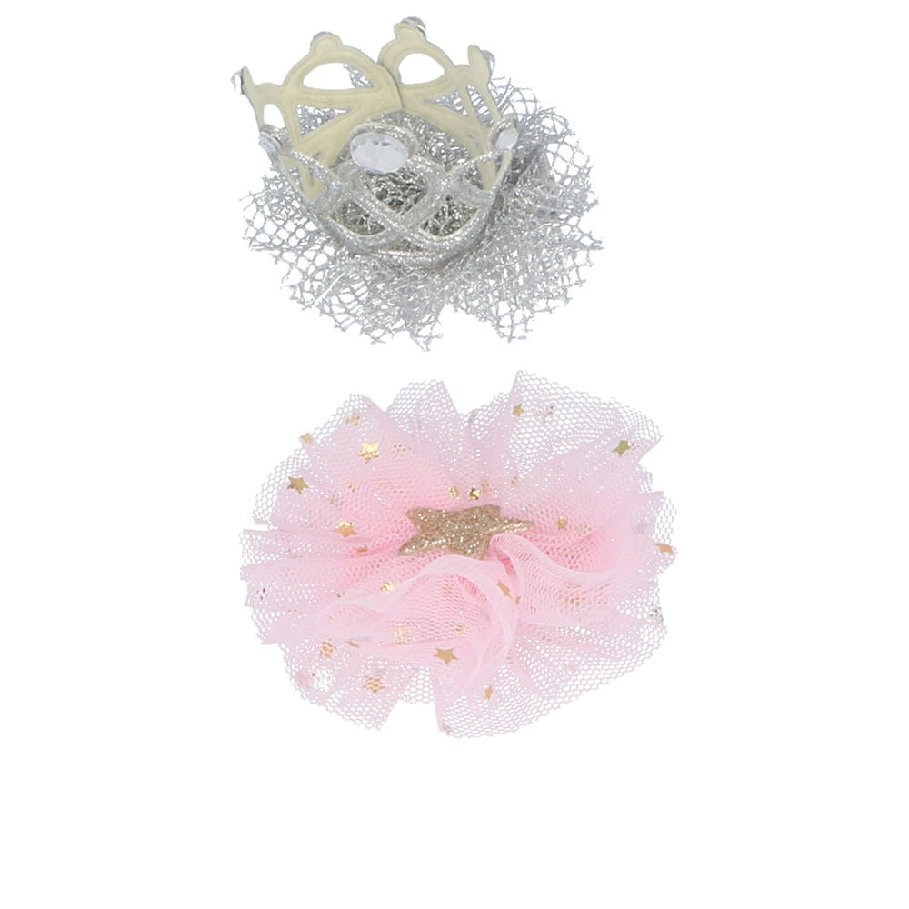 Two crocodile hair clips — tulle stars and silver felt crown, in a cardboard gift box
