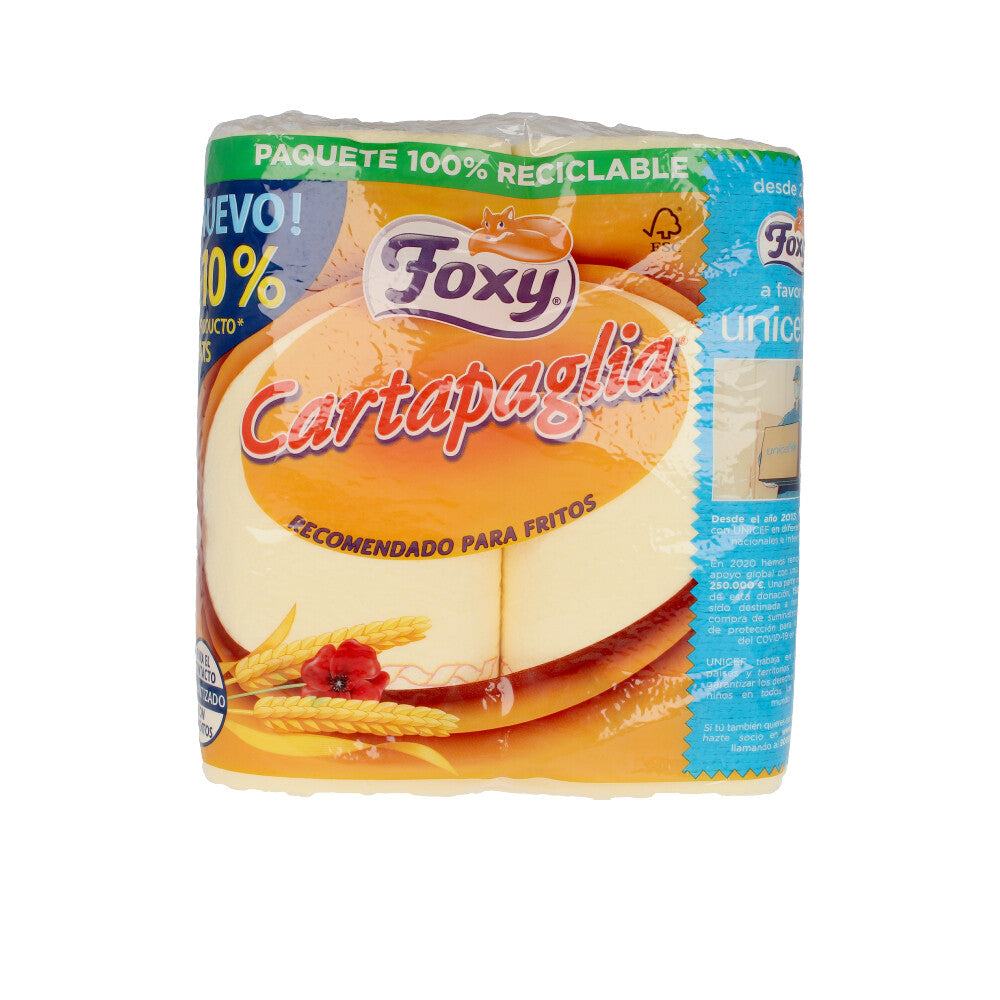 Foxy Two colorful paper towel rolls with orange, yellow, green, blue, white gradient and wheat and red flower imagery