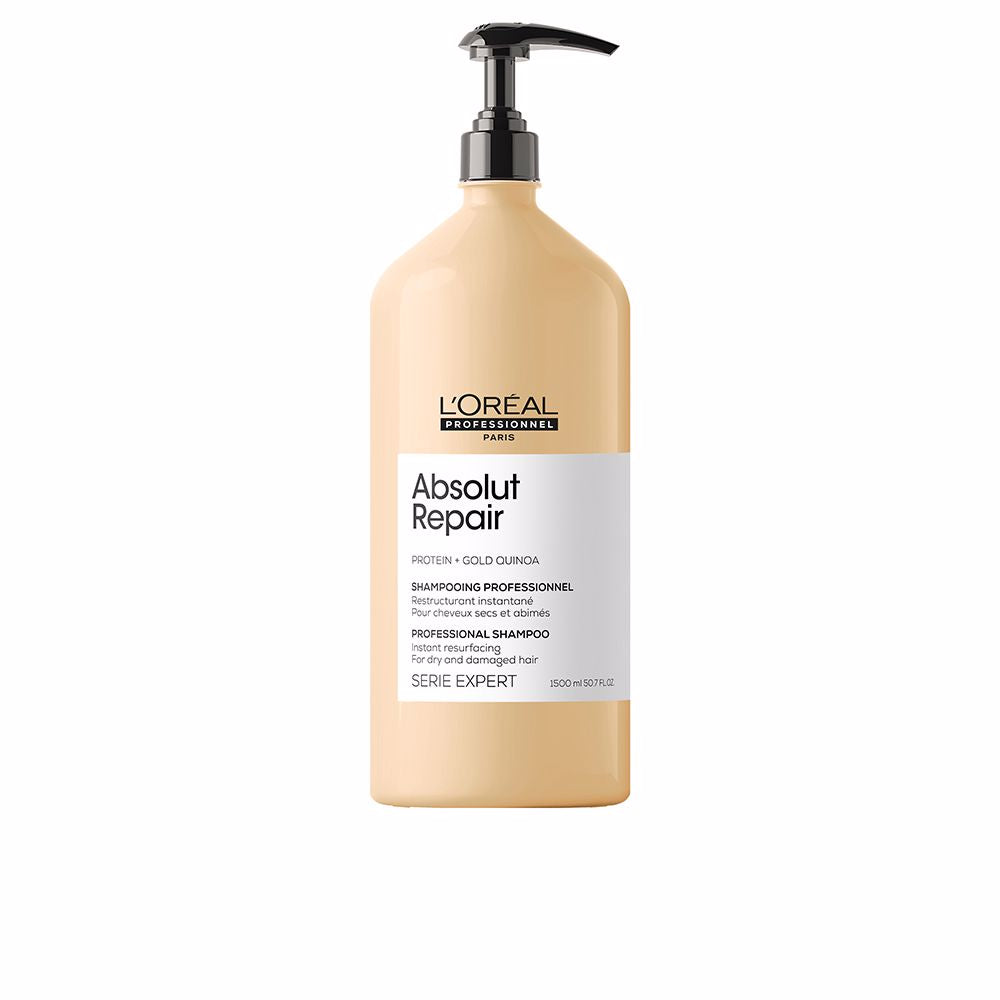 Tall professional shampoo bottle labelled reconstructive quinoa repair, 1500 ml, refill-ready