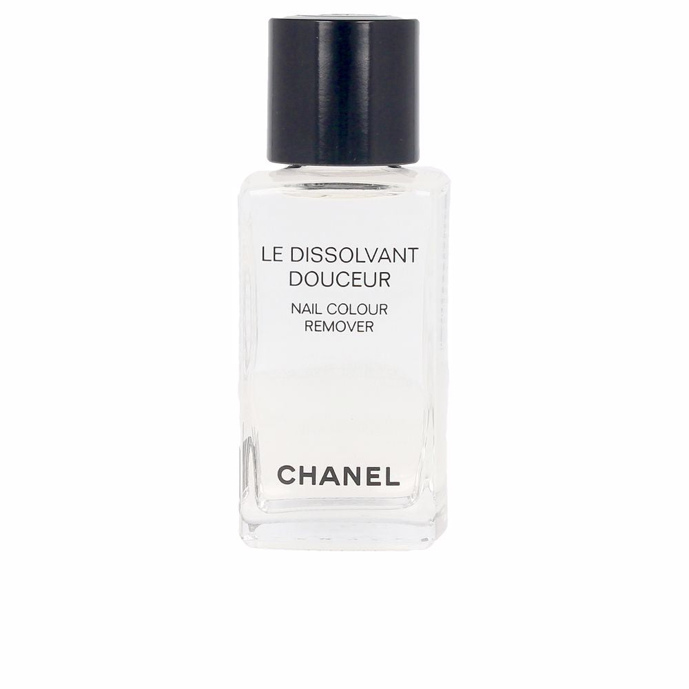 Chanel Glass bottle of gentle nail polish remover with clear liquid and minimalist white label