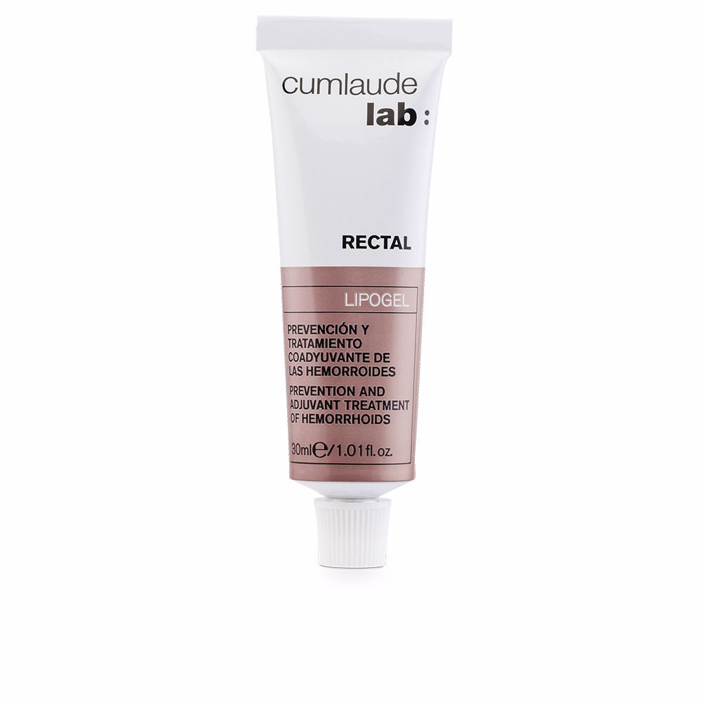 White and light brown plastic gel tube with screw cap, minimalist clinical design, Cumlaude Lab