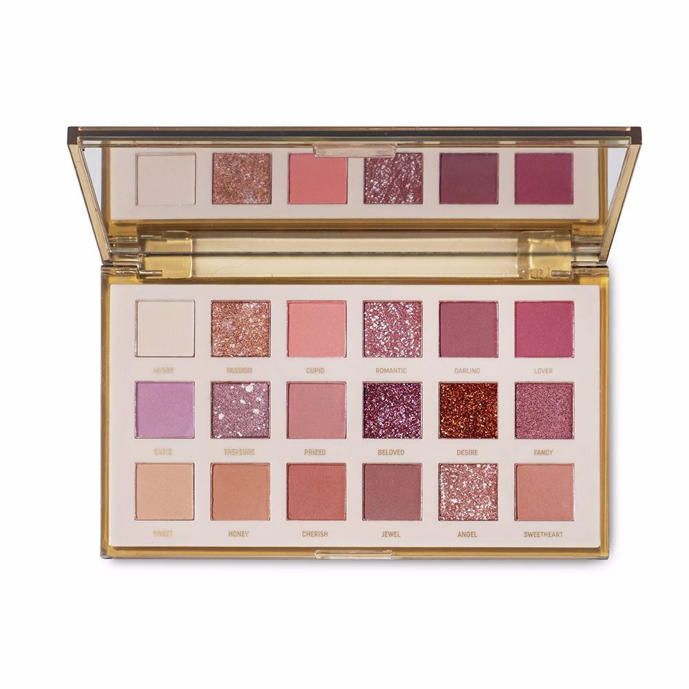 Compact 18‑shade eyeshadow palette in nude and earth tones, mixed finishes