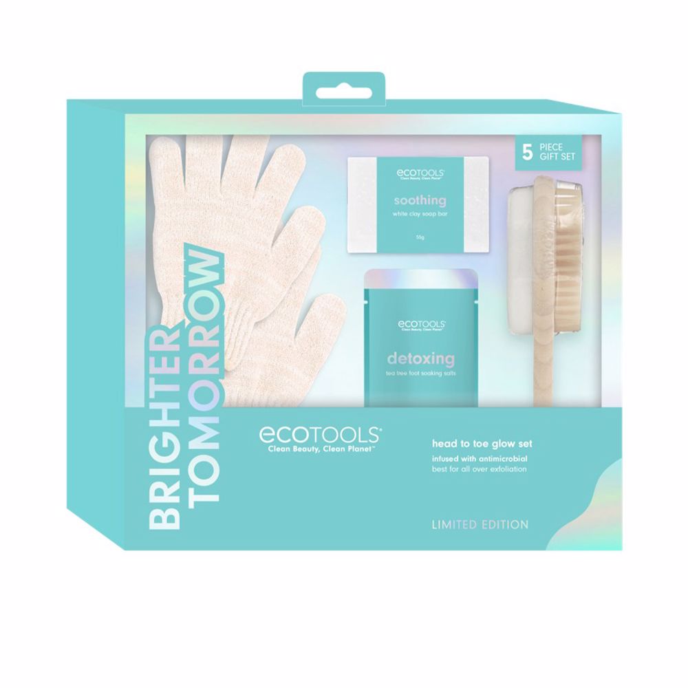 Ecotools Light blue, white, beige gift set with fabric gloves, soap bar, foot salts, wooden-handled brush