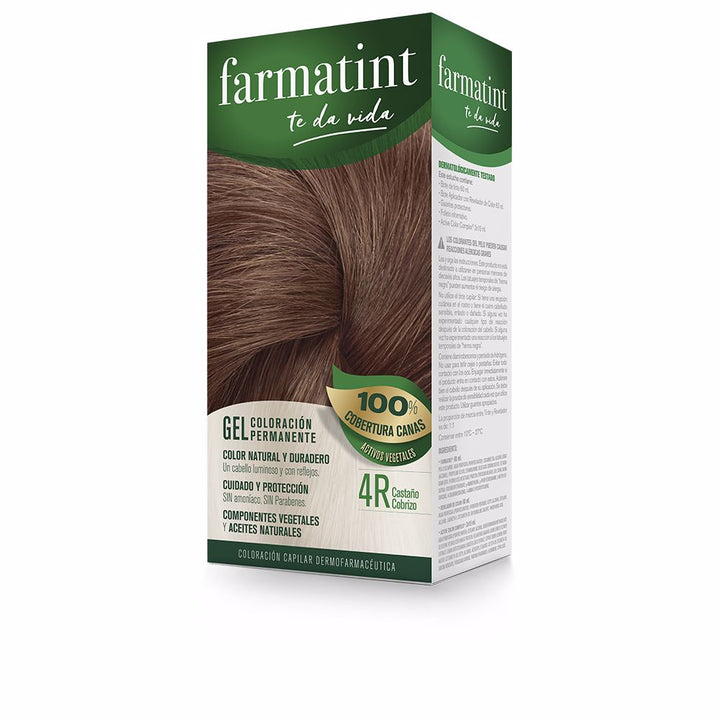 Tube and developer bottle of copper brown permanent hair colour gel, applicator and repair balm