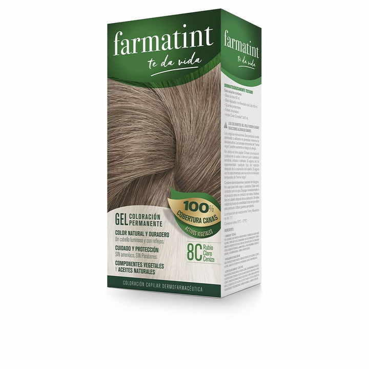 Tube and developer bottle of 8C light ash blonde gel hair colour, gloves and balm