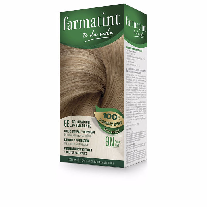 Tube and applicator bottle of 9N honey-blond gel hair colour with repair ampoules