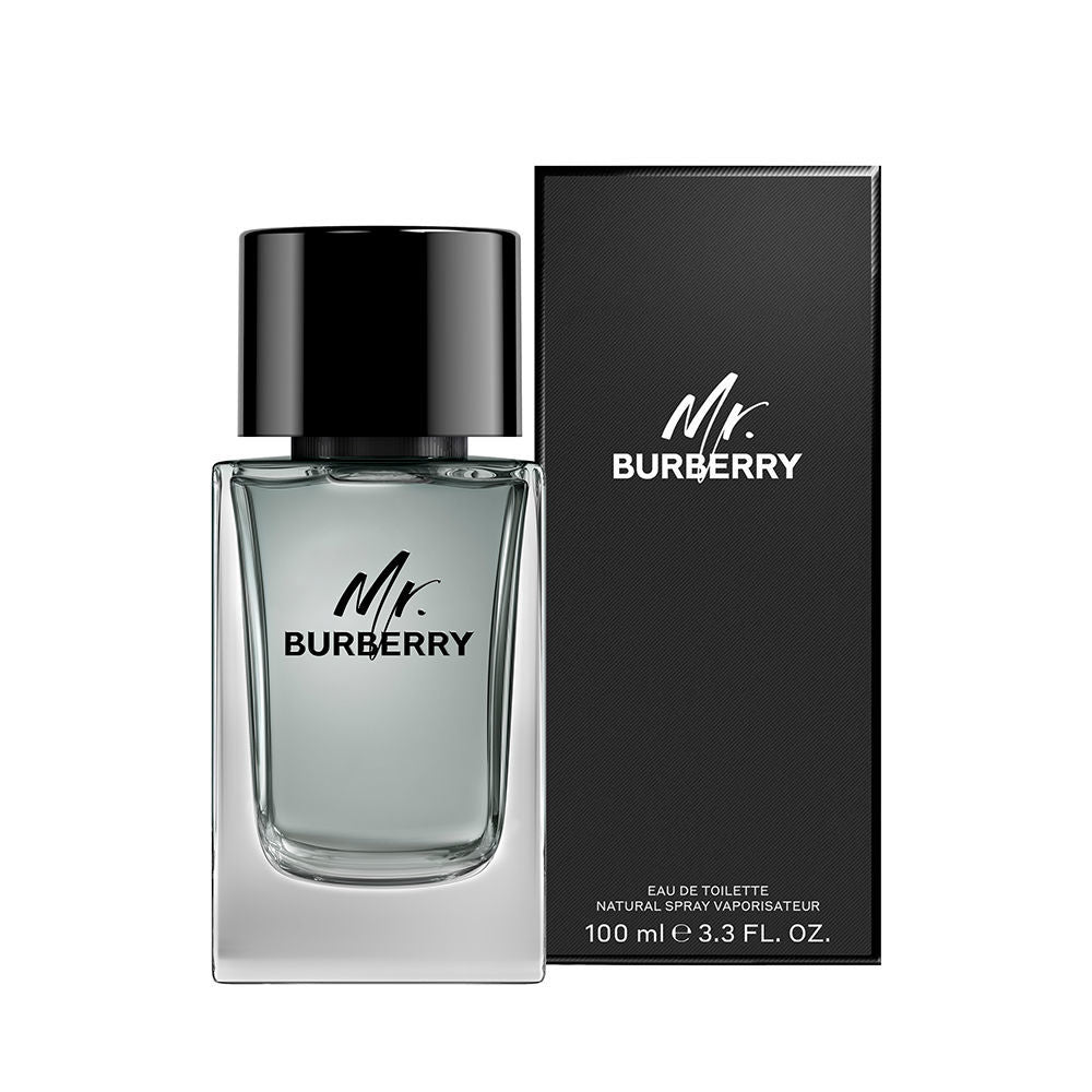 Burberry Clear rectangular glass eau de toilette bottle with black ribbon and cap, classic refined presentation .