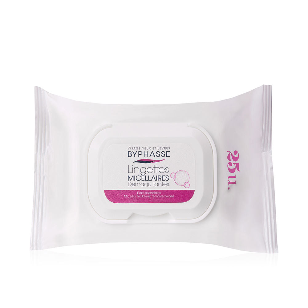 Pack of micellar makeup wipes with hinged lid, 25 wipes, gentle formula
